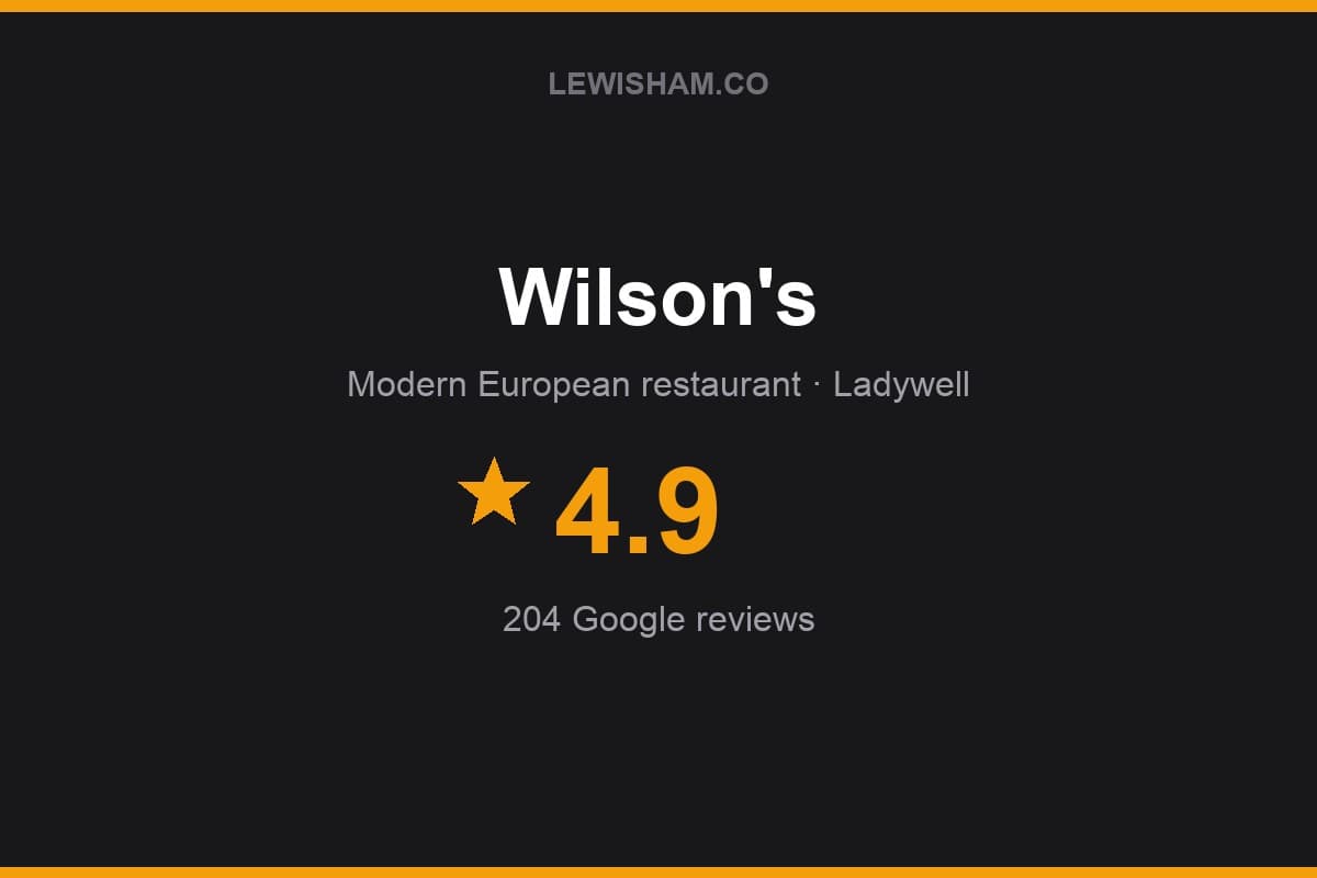 Branded Lewisham.co rating card for Wilson's: 4.9 stars, 204 Google reviews